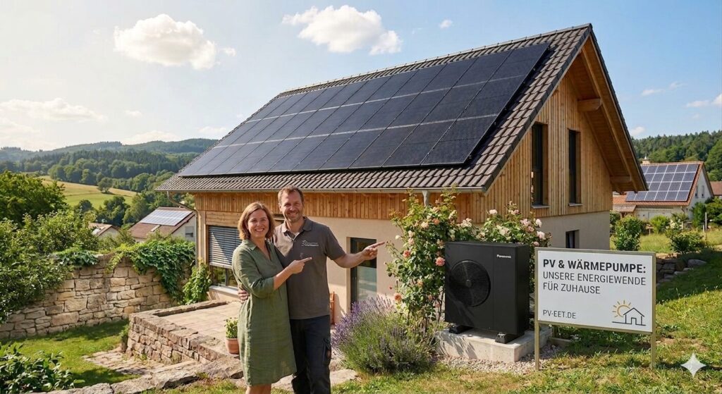 Haus mit Solarpanelen und Wärmepumpe